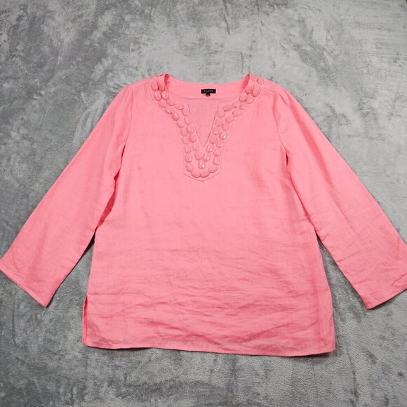 Talbots Shirt Womens Medium Pink Linen Chunky Beaded V Neck Beachy Tunic Top - Picture 1 of 7